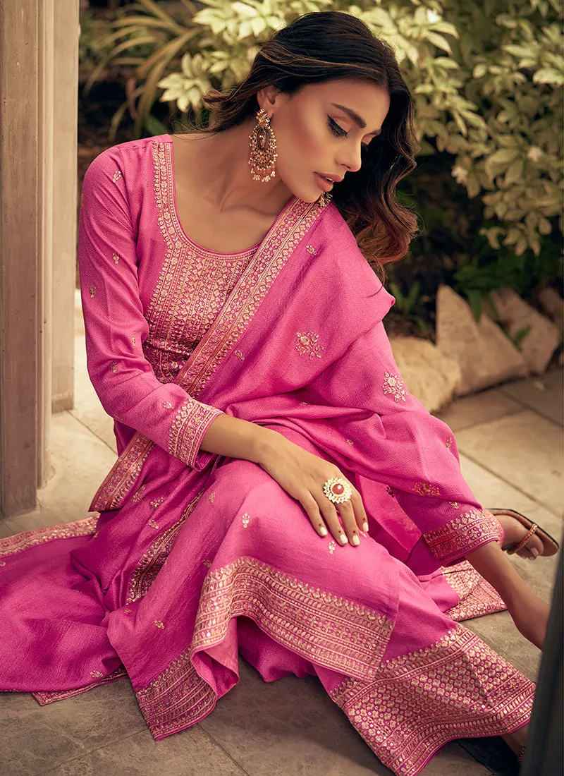 Pink Sequence Embroidery Silk Palazzo Suit