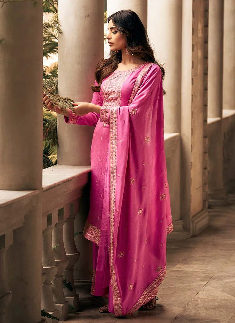 Pink Sequence Embroidery Silk Palazzo Suit