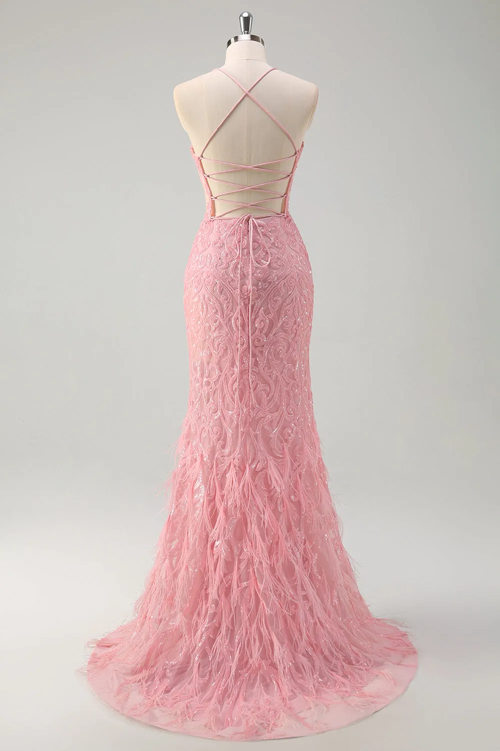 Pink Sequin Halter Mermaid Prom Dress with Lace-up Back