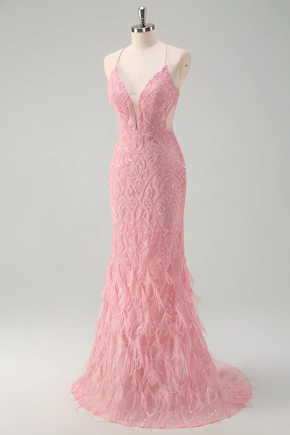 Pink Sequin Halter Mermaid Prom Dress with Lace-up Back