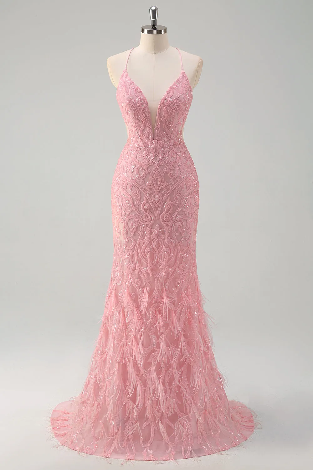 Pink Sequin Halter Mermaid Prom Dress with Lace-up Back