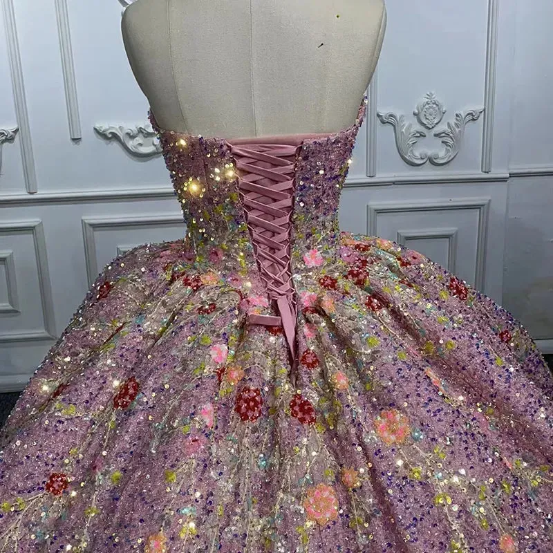 Pink Sequined Sweetheart Party Gown