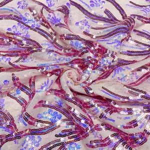 Pink Sequins Embroidery Imported Power Net  Fabric