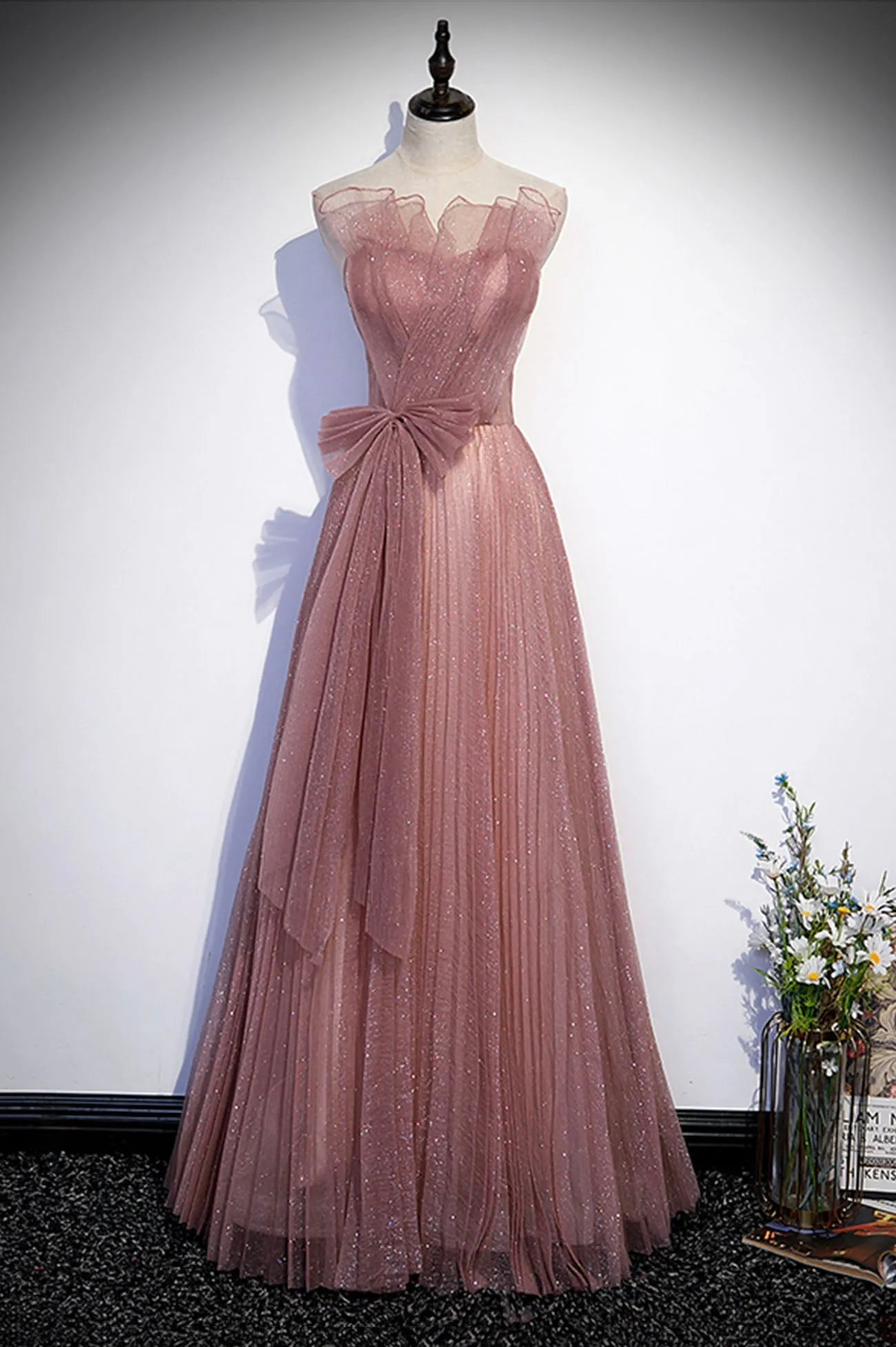 Pink Shiny Tulle Long A-Line Prom Dress, Lovely Strapless Evening Dress