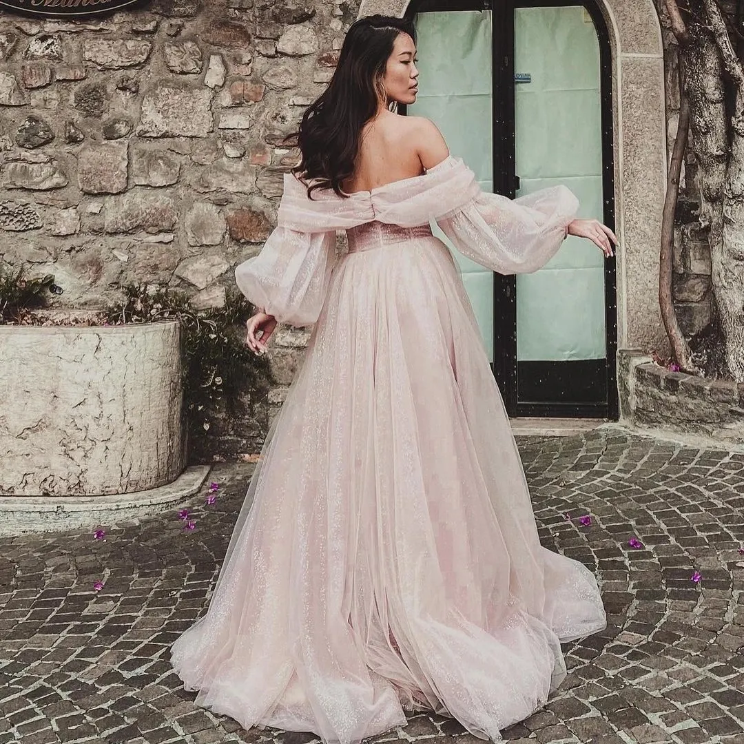 Pink Shiny Tulle Prom Dresses Off The Shoulder Long Puff Sleeve Evening Party Gowns with Slit