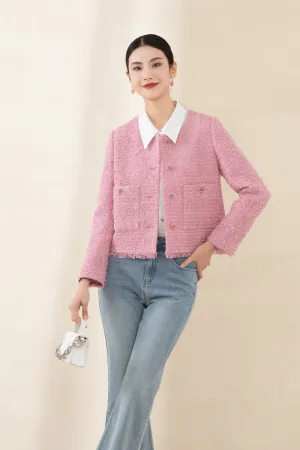 Pink Short Tweed Jacket With Metal Buttons