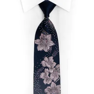 Pink Silver Floral On Navy Rhinestone Silk Tie