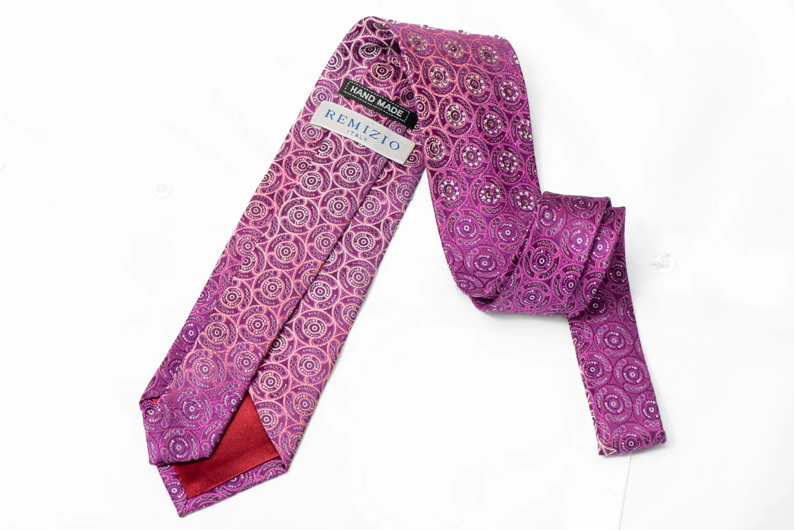 Pink Silver Geometric On Purple Rhinestone Silk Tie With Silver Sparkles