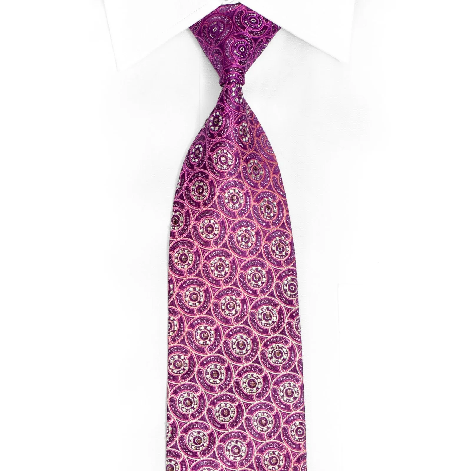 Pink Silver Geometric On Purple Rhinestone Silk Tie With Silver Sparkles