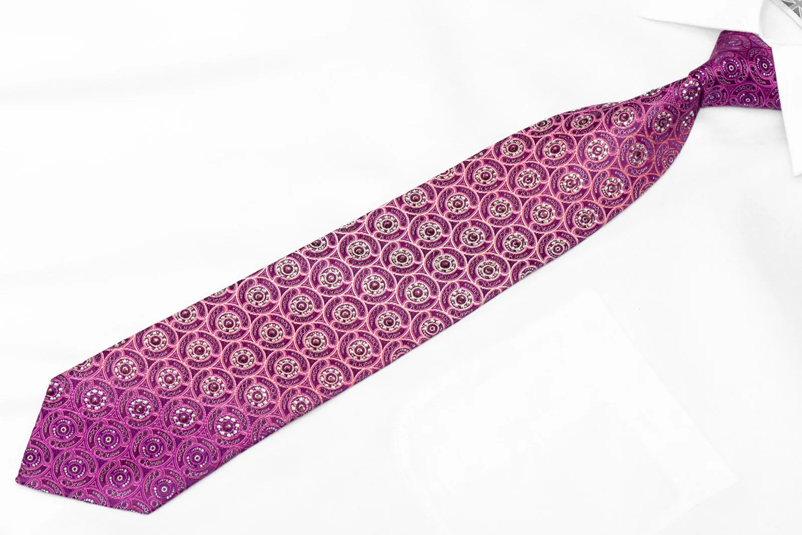 Pink Silver Geometric On Purple Rhinestone Silk Tie With Silver Sparkles