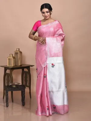 Pink Silver Linen Saree with Rose Design Hand Embroidery