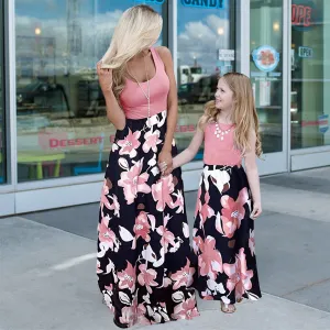 Pink Sleeveless Floral Print Dress for Mom and Me