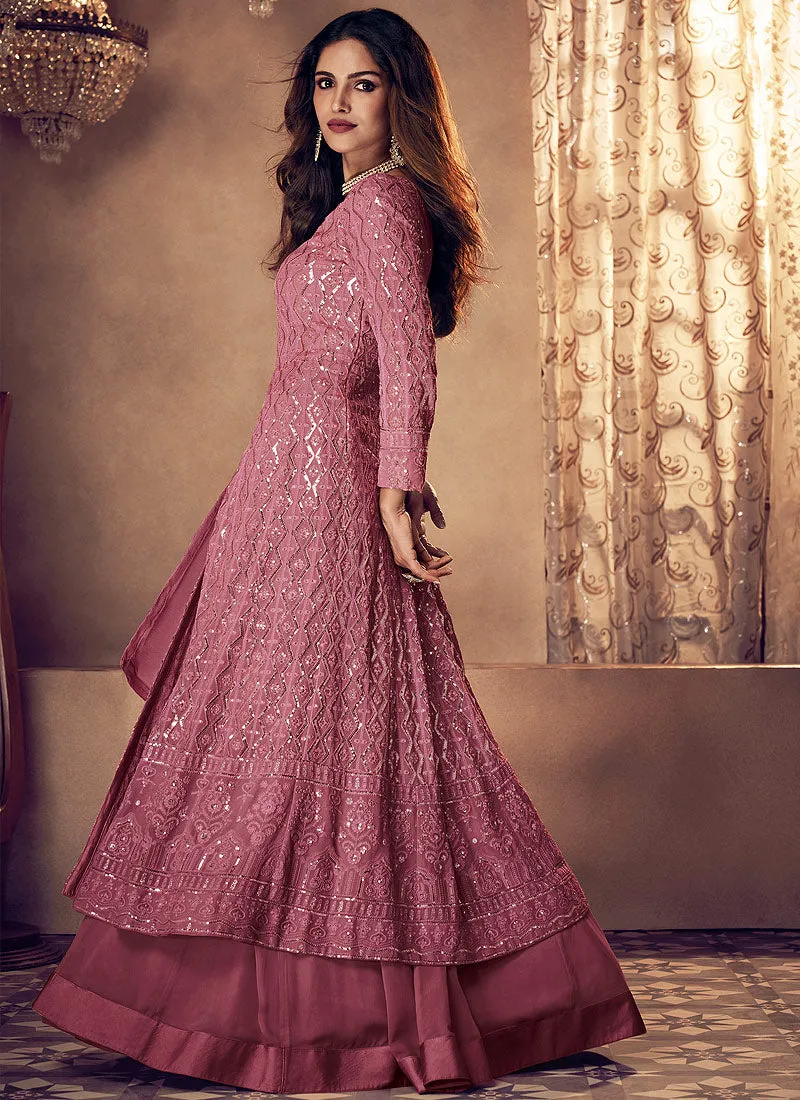 Pink Slit Sequence Embroidered Wedding Anarkali Lehenga