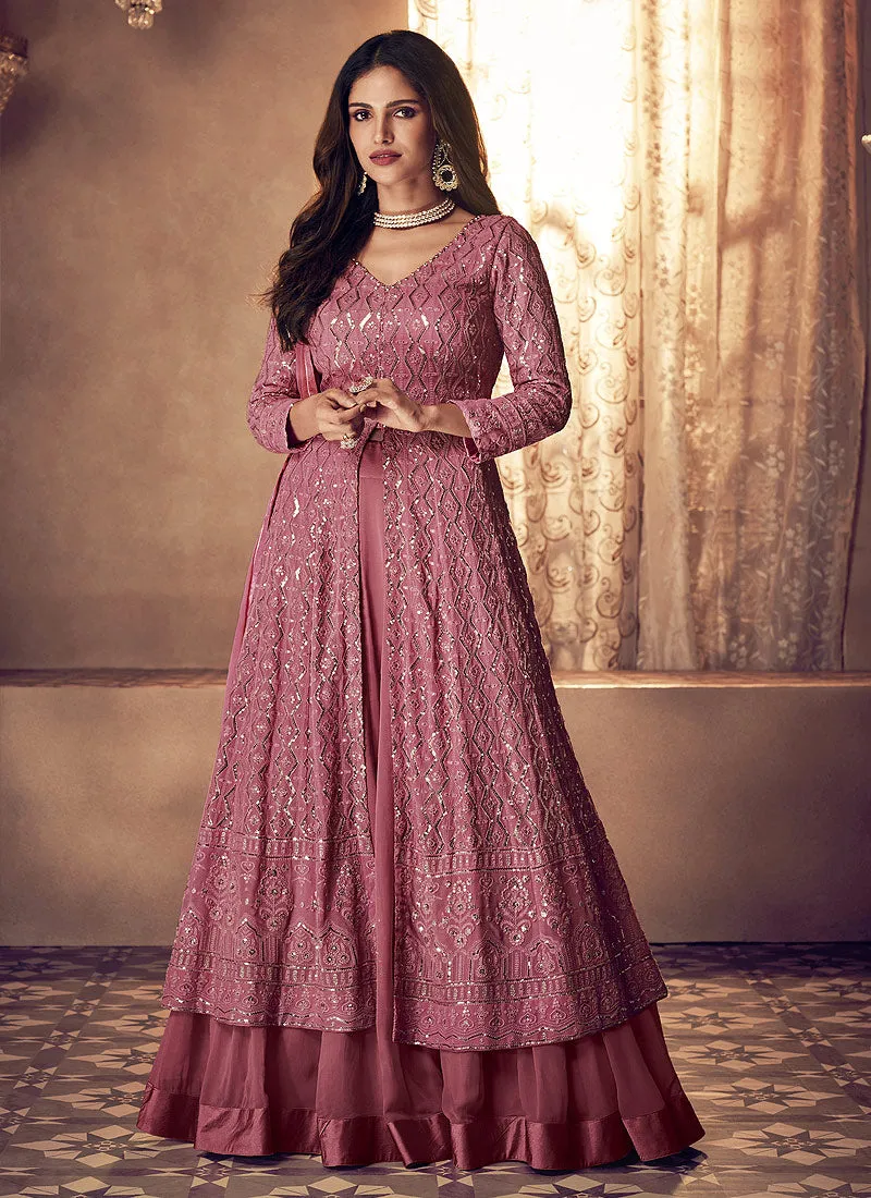 Pink Slit Sequence Embroidered Wedding Anarkali Lehenga