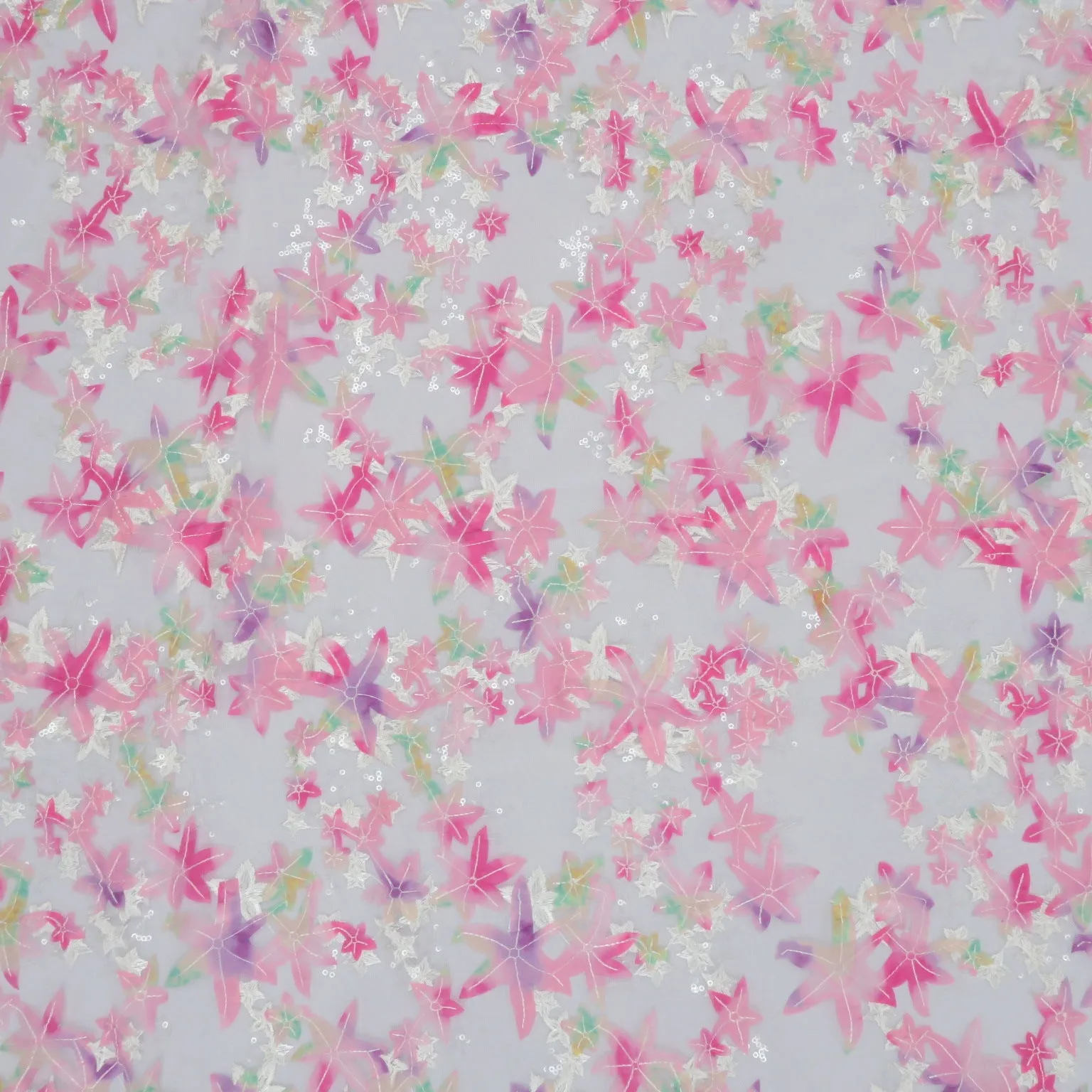 Pink Stars and Sequined Embroidered Tulle Fabric