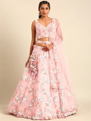 Pink Stunning Semi-Stitched Lehenga Choli Set with Zari, Sequins & Moti Embroidered Net