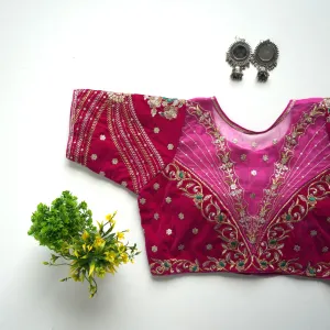 Pink Taffeta Silk Blouse with Golden Embroidery and Sequin Touch