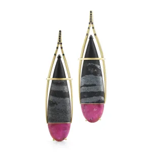 Pink Tourmaline, Hematite, Black Jade and Black Diamond Earrings