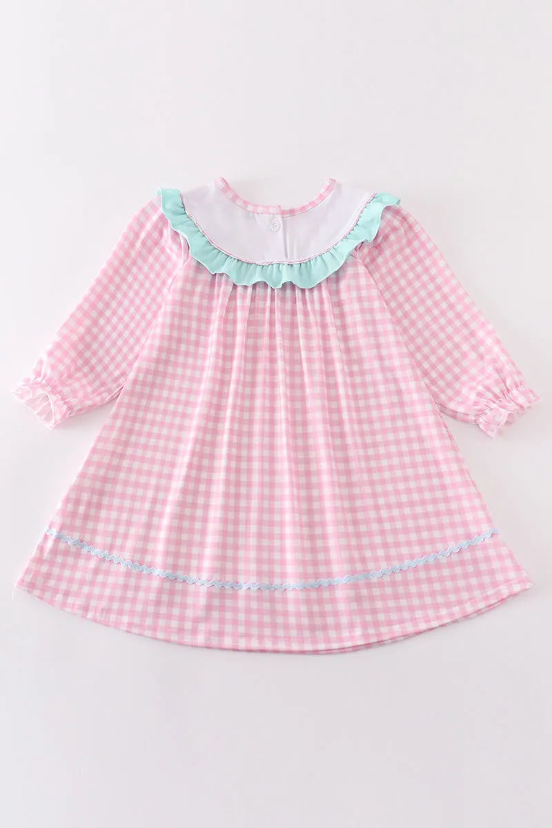 Pink tractor embroidery gingham dress