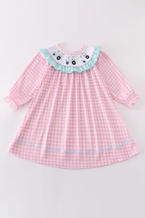 Pink tractor embroidery gingham dress