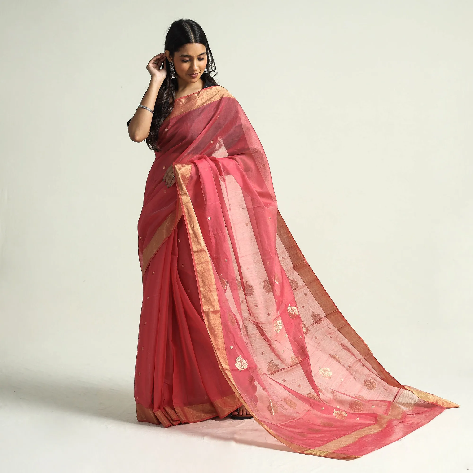 Pink - Traditional Chanderi Silk Handloom Saree with Zari Border & Buta