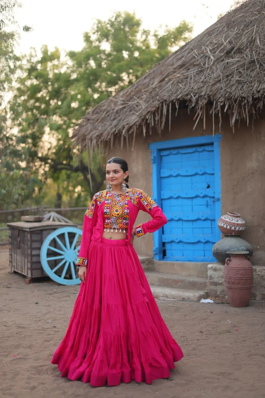 Pink Traditional Reyon Lehenga Set with Embroidered Blouse and Koti