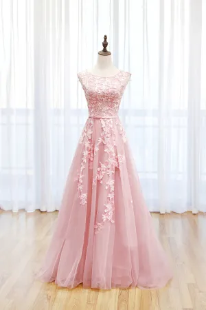 Pink Tulle Lace Long Prom Dress, Lovely A-Line Open Back Evening Dress