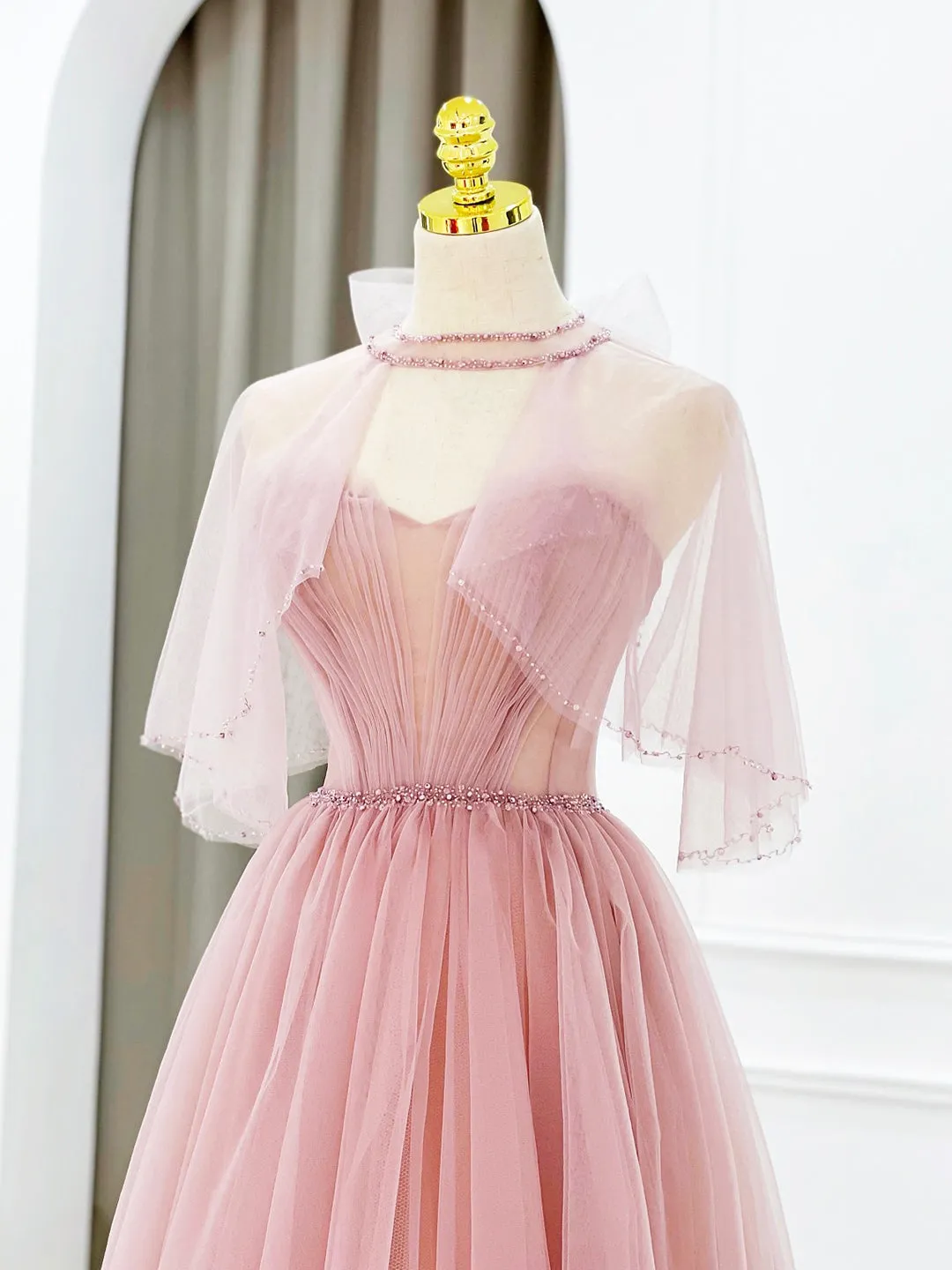 Pink Tulle Long Prom Dress with Beaded Lovely A-Line Evening Dress