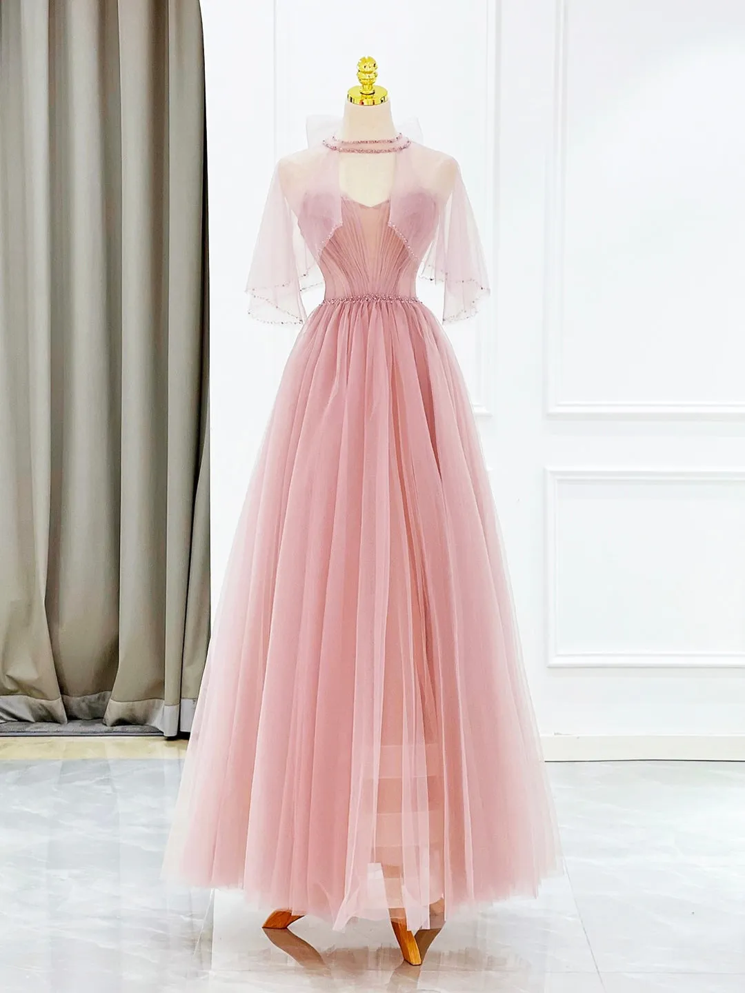 Pink Tulle Long Prom Dress with Beaded Lovely A-Line Evening Dress