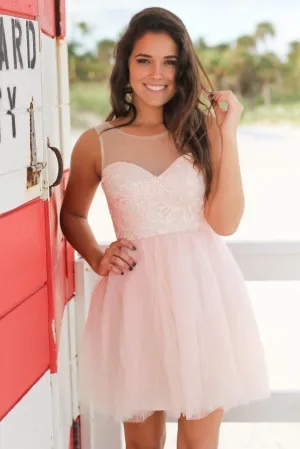 Pink Tulle Short Dress with Lace Top