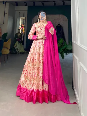 Pink Tussar Silk Printed Gown with Foil Detailing & Chiffon Dupatta