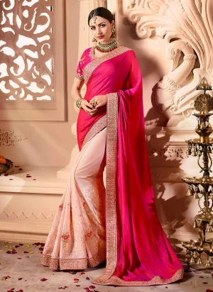 Pink Two Tone Traditional Multi Embroidered Designer Silk Saree