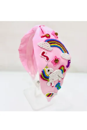 Pink Unicorn And Rainbow Embroidered Hairband