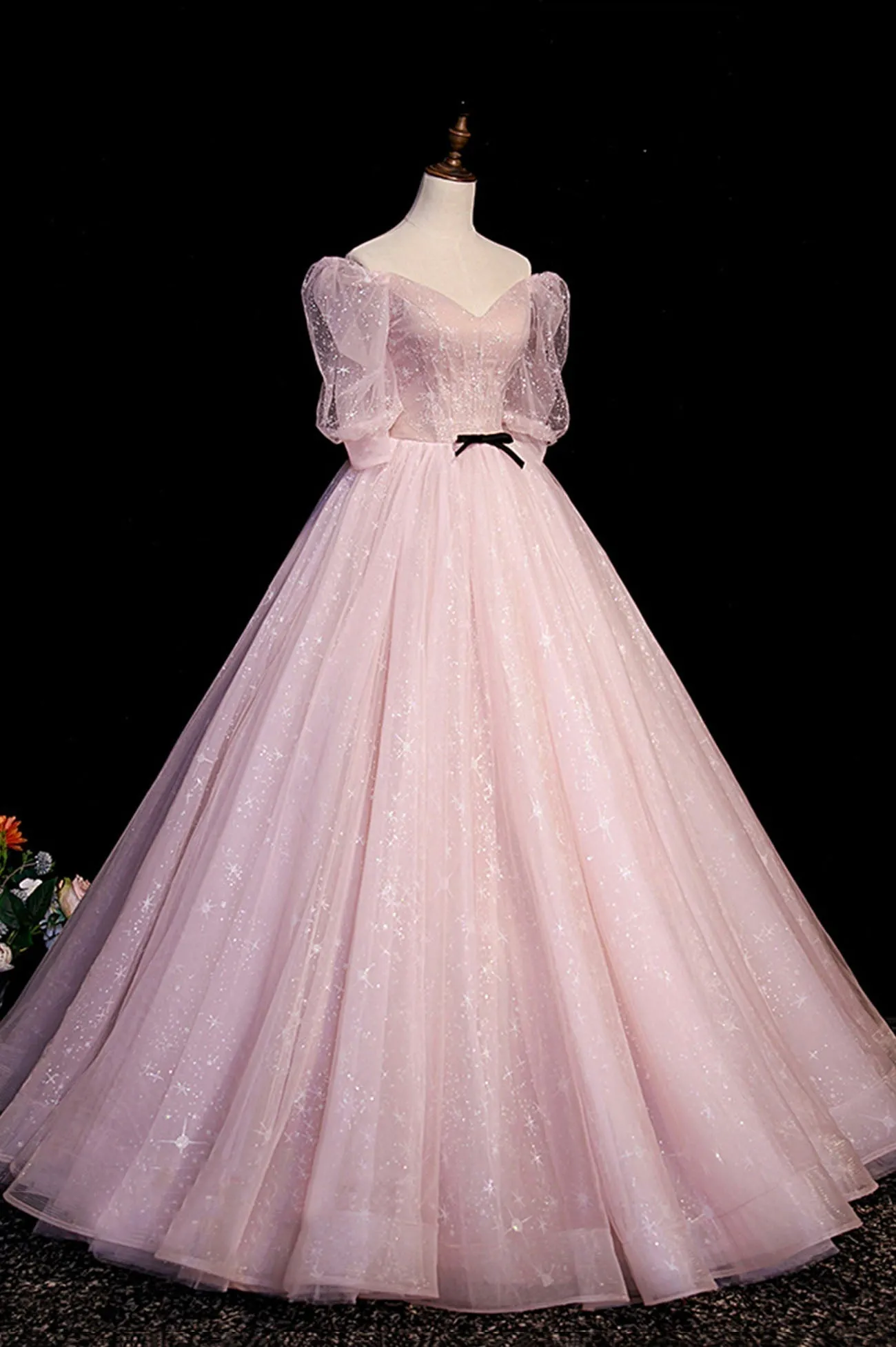 Pink V-Neck Tulle Long Prom Dress A-Line Short Sleeves Evening Dress