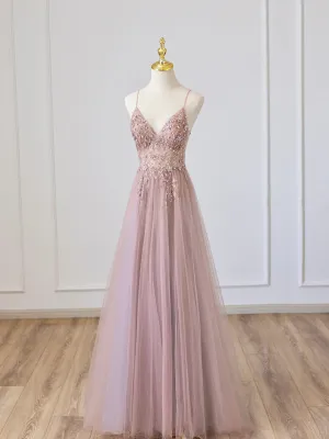 Pink V-Neck Tulle Long Prom Dress with Beaded Pink Spaghetti Strap Evening Dress