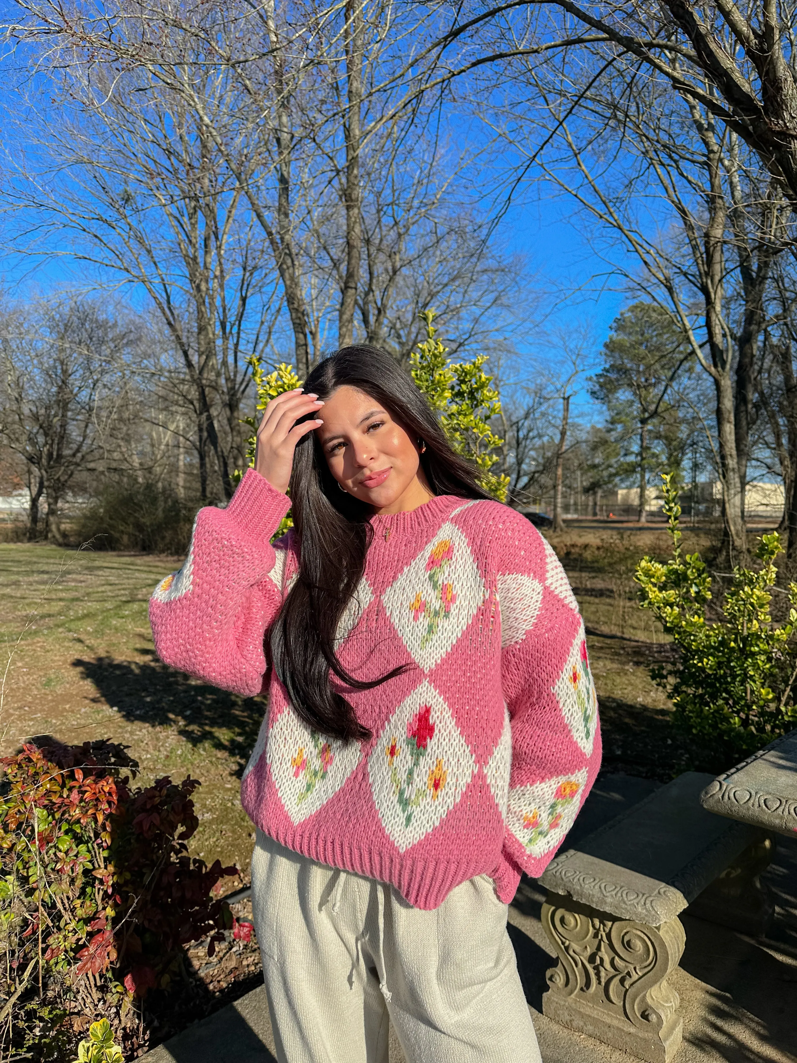 Pink Vintage Flower Knit Sweater