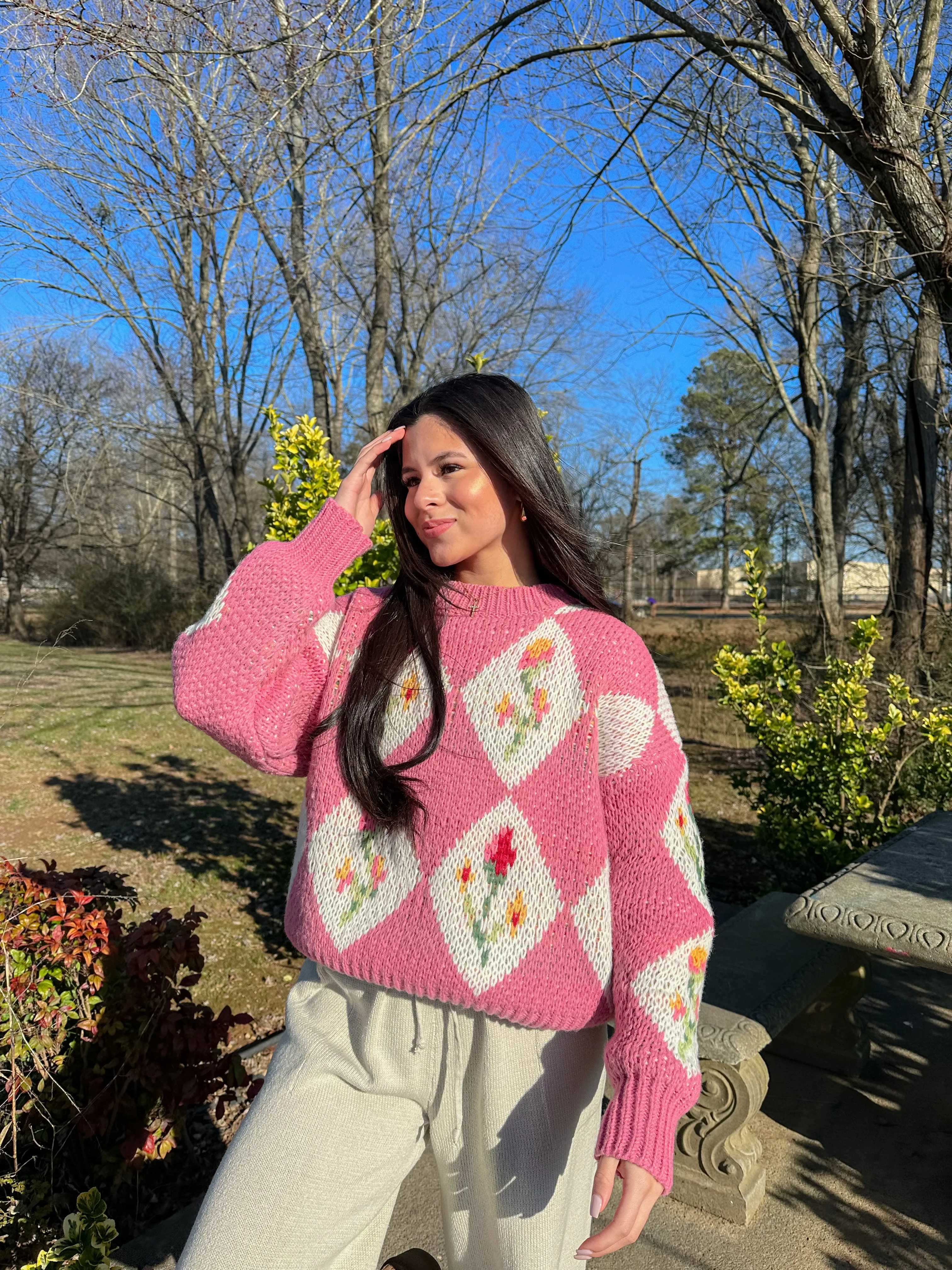 Pink Vintage Flower Knit Sweater