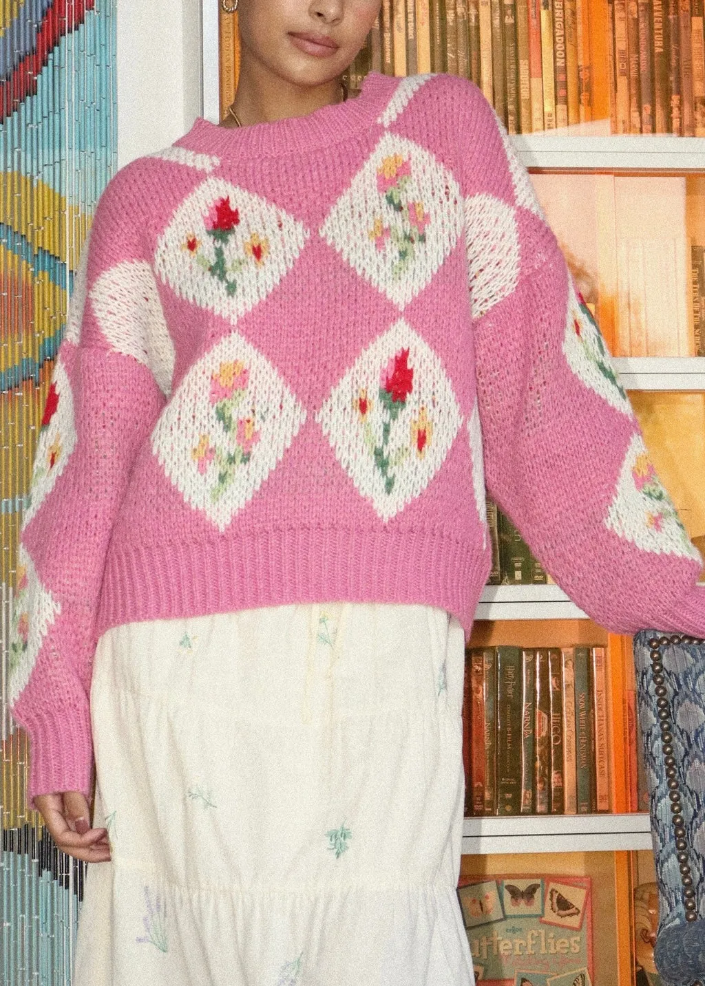 Pink Vintage Flower Knit Sweater