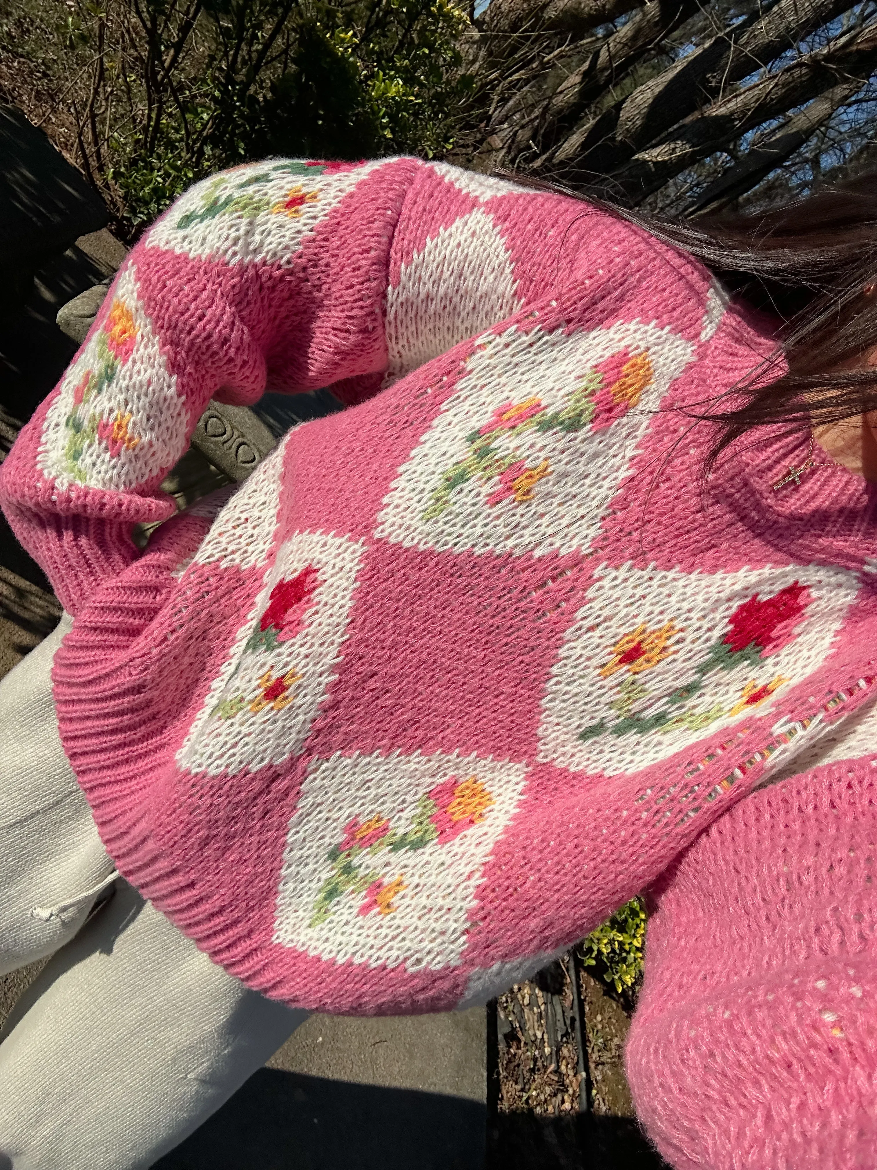 Pink Vintage Flower Knit Sweater