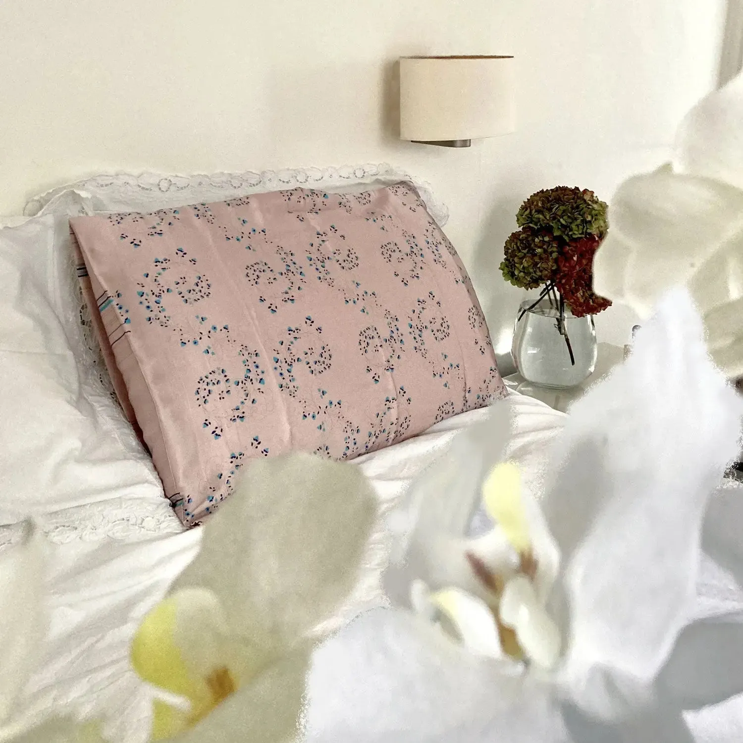 Pink With Fibonacci Turquoise Flowers Silk Pillowcase