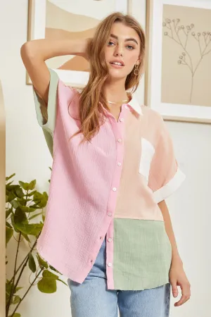 PINK/APRICOT GAUZE BUTTON DOWN TOP