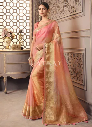 Pinkish Orange Zari Embroidery Shaded Organza Silk Saree