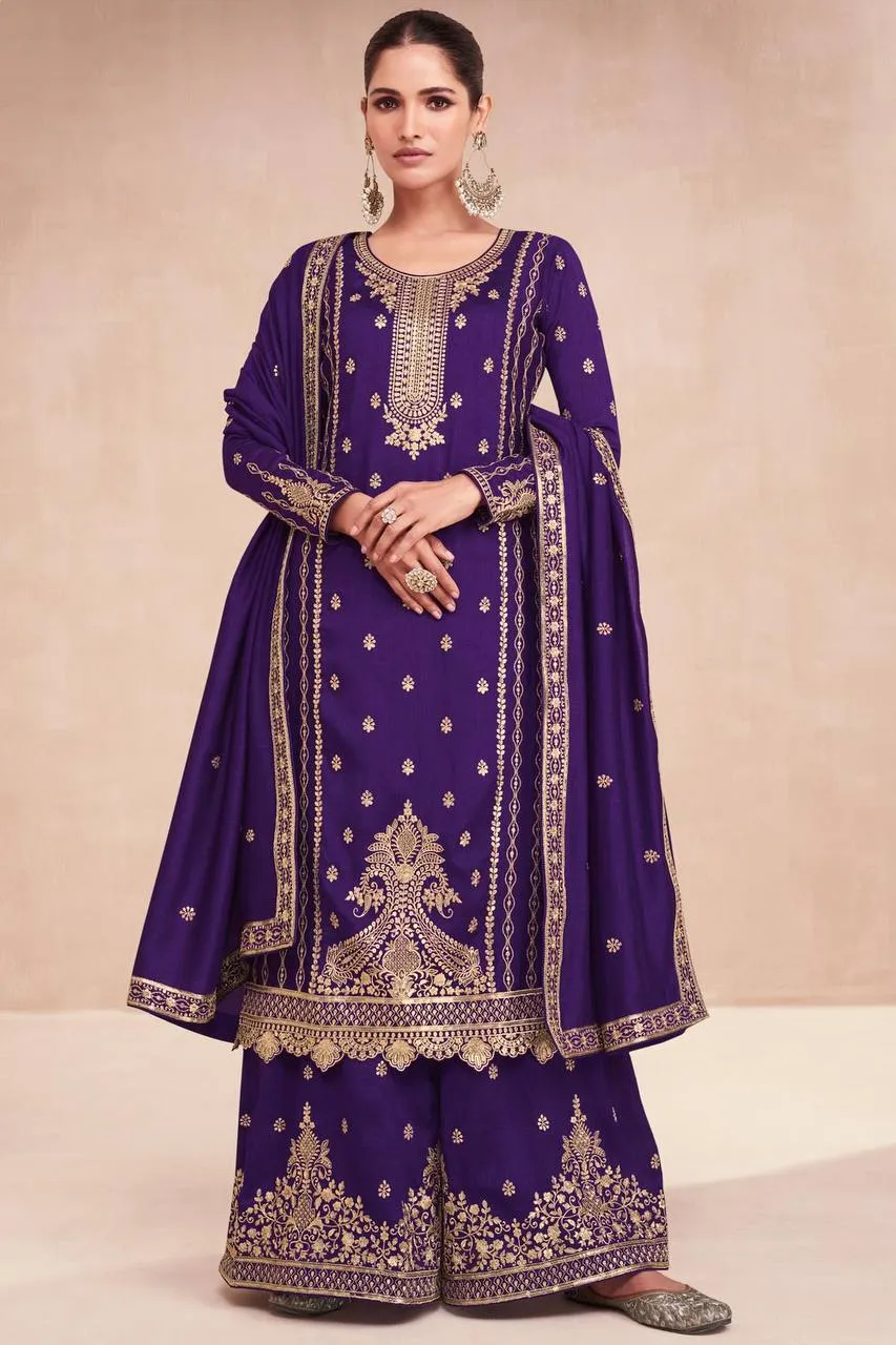 Pinkish Purple Vichitra Silk Embroidered Lehenga Suit Set