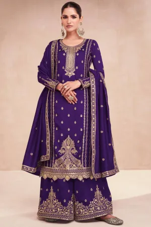 Pinkish Purple Vichitra Silk Embroidered Lehenga Suit Set