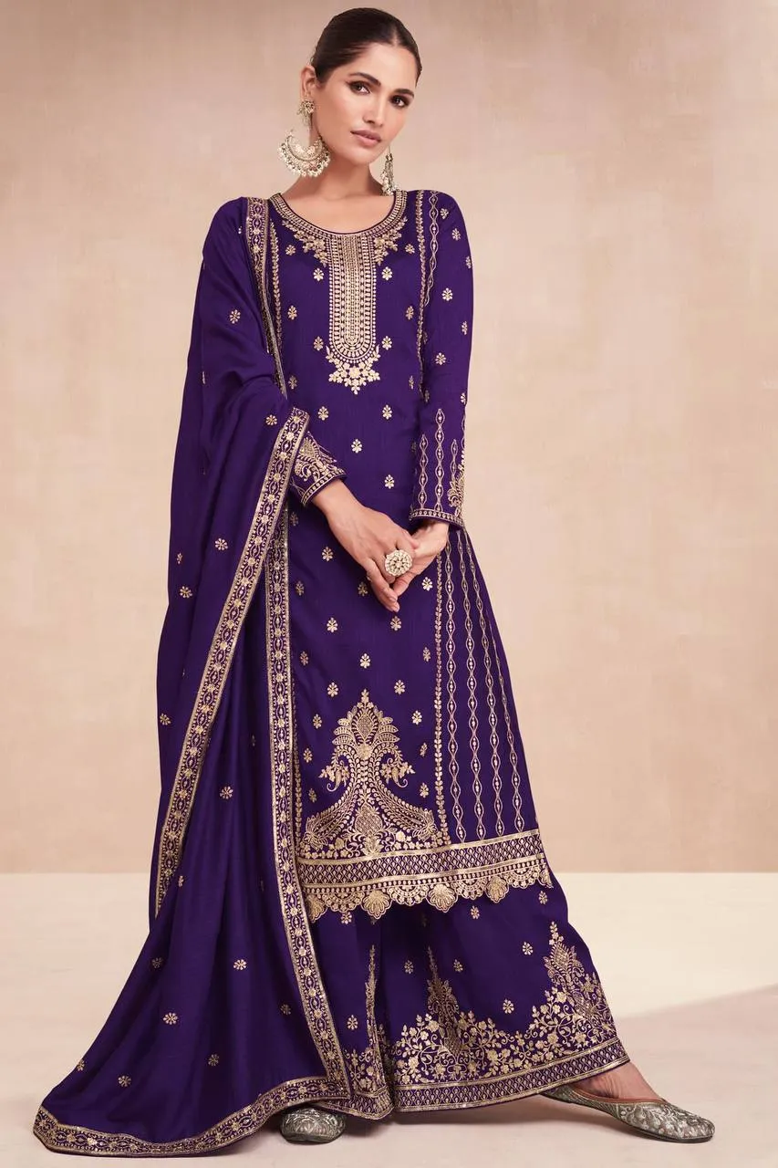 Pinkish Purple Vichitra Silk Embroidered Lehenga Suit Set