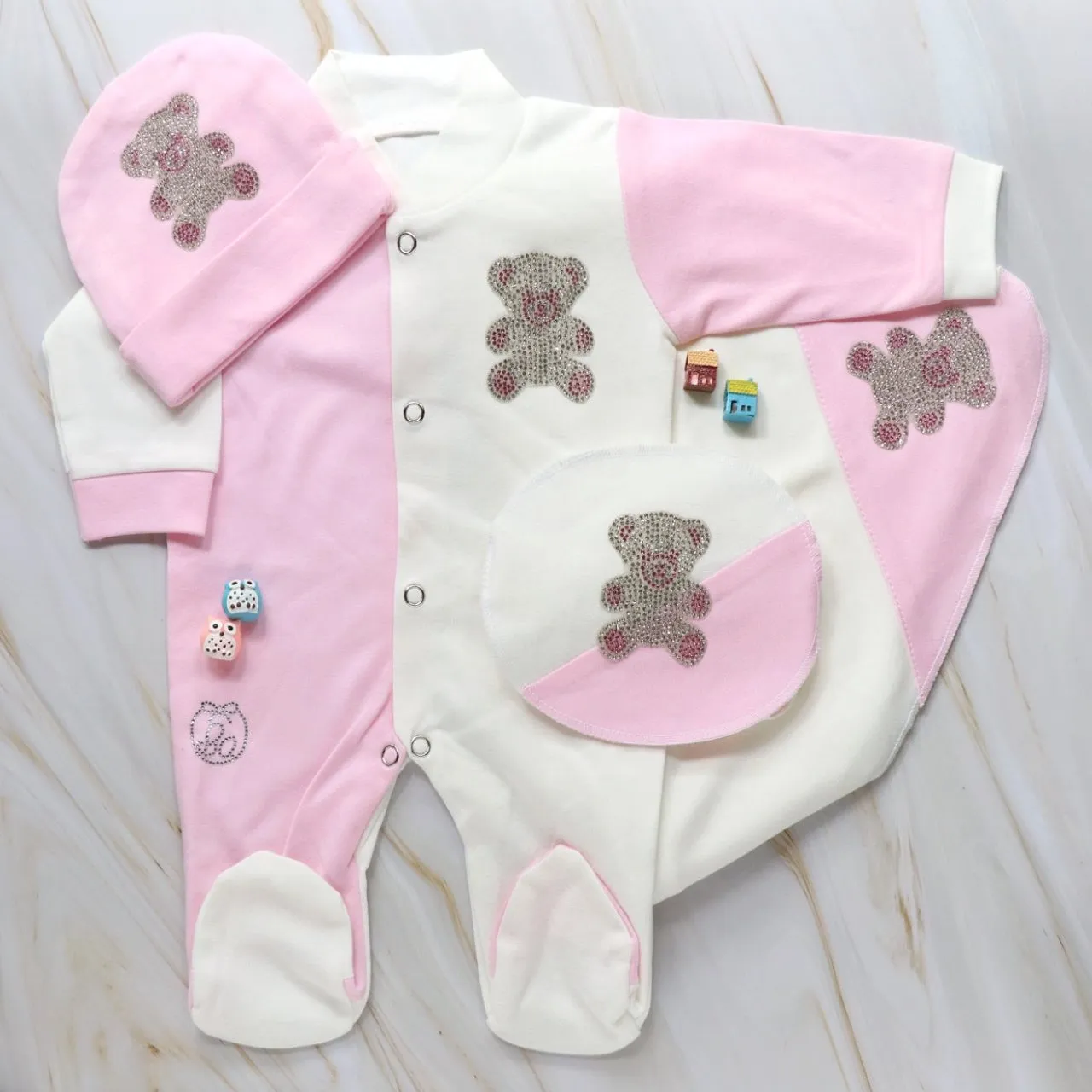 Pink/White Teddy Romper Set