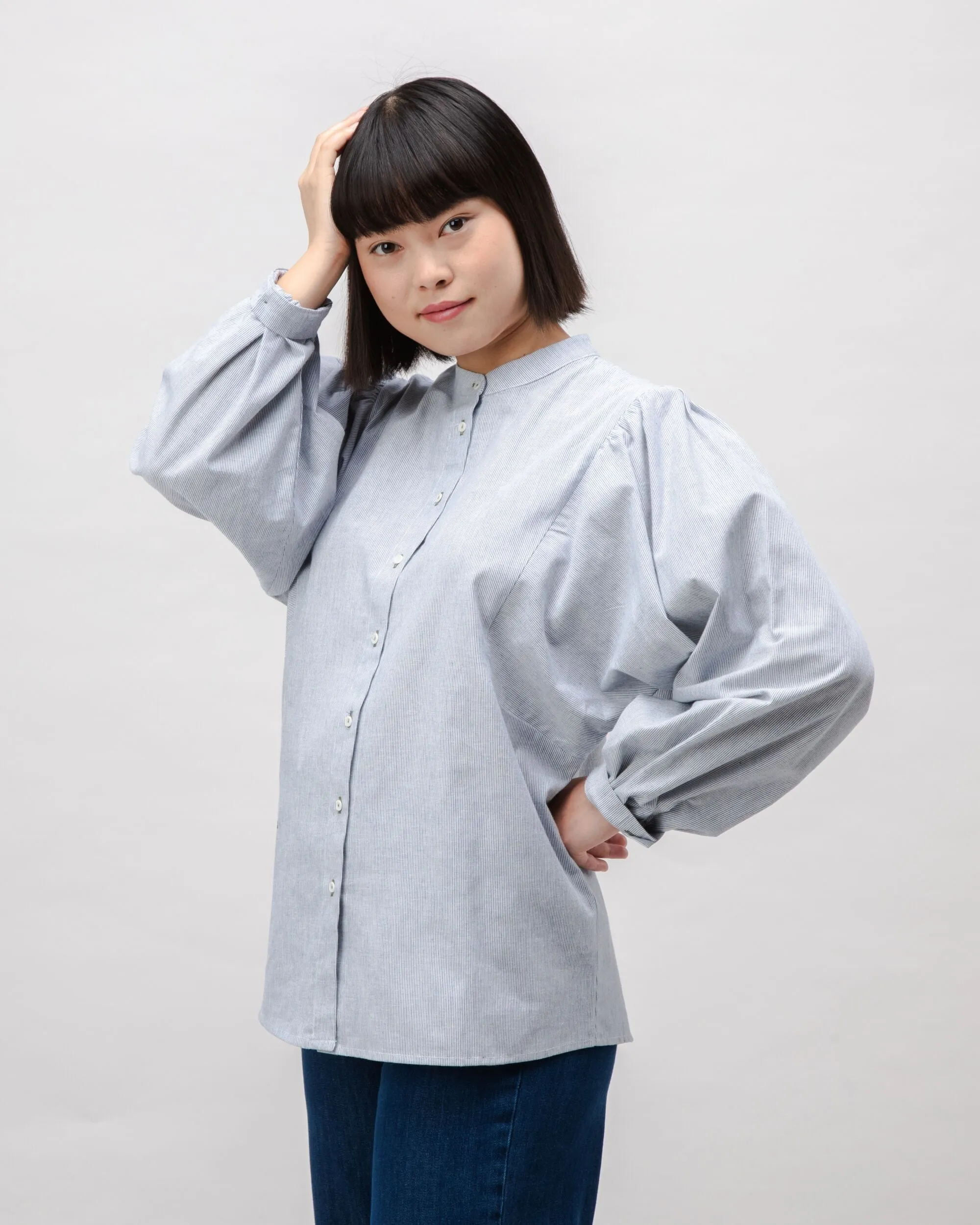 Pinstripes Romantic Cotton Blouse Indigo