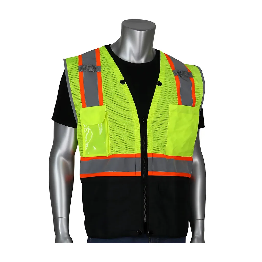 PIP 302-0650D-LY/4X ANSI Type R Class 2 Two-Tone Eleven Pocket Tech-Ready Mesh Surveyors Vest with Ripstop Black Bottom Front and "D" Ring Access