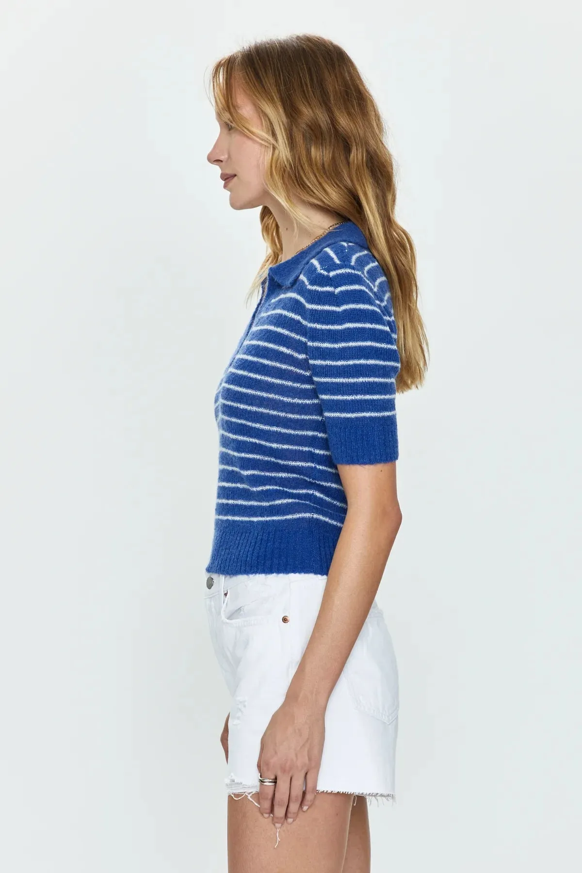 PIS Billie Pleat Short Sleeve Stripe Sweater Polo in Blue