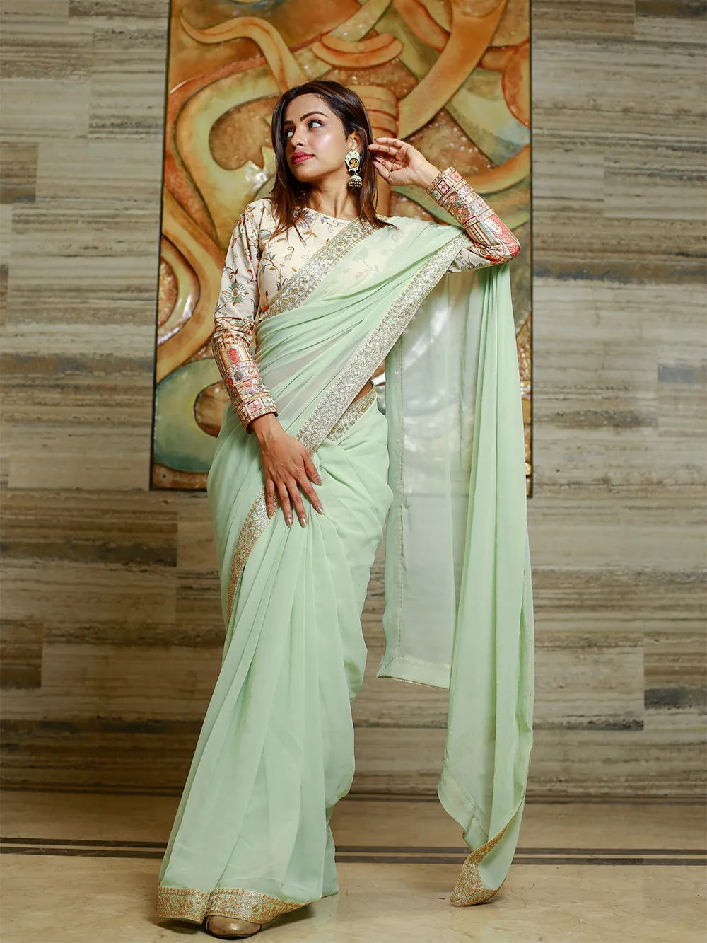 Pista Color Sequins & Thread Embroidery Lace border Work Georgette Saree